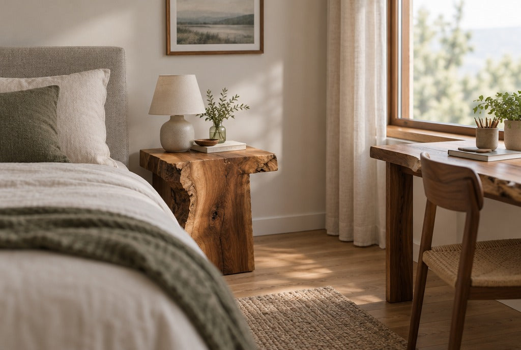 A cozy bedroom with a live edge solid wood nightstand beside the bed and a small solid wood desk by the window