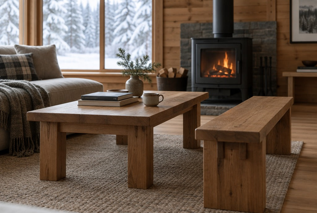 A solid wood coffee table and bench in a cabin living room with a wood stove and snow outside the window