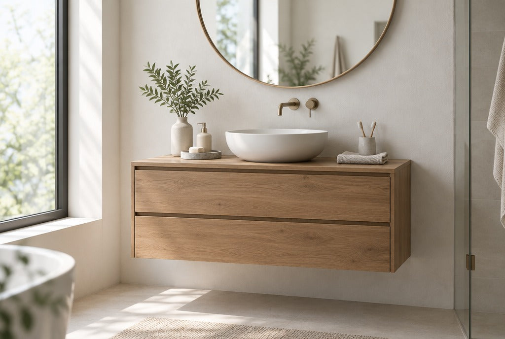 A solid wood floating bathroom vanity with drawers, a vessel sink and a round mirror in a bright bathroom