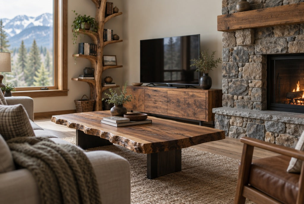 A mountain cabin living room with a live edge coffee table, a solid wood TV console, a tree bookshelf and a stone fireplace