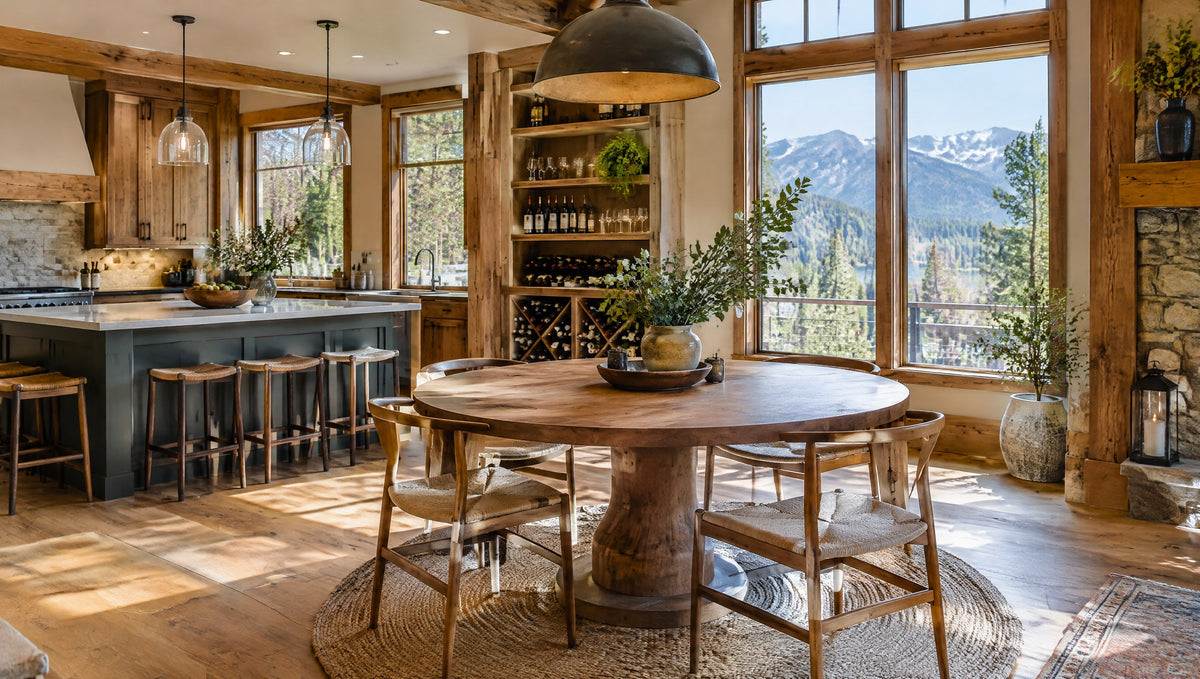 A cabin kitchen and dining area with a round solid wood pedestal table and mountain views