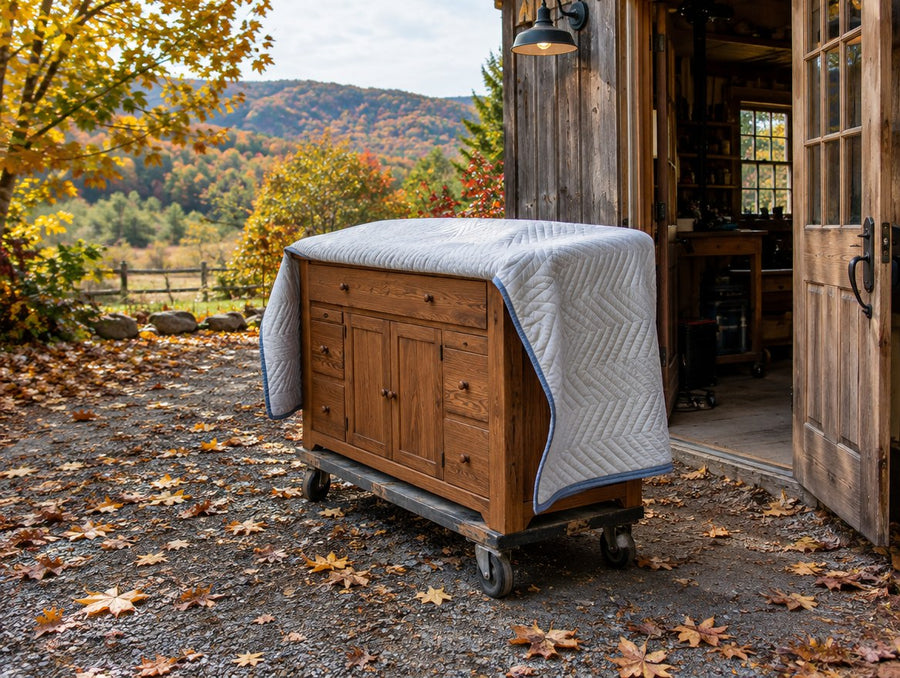 A blanket-wrapped solid wood vanity beside a rural workshop door in autumn